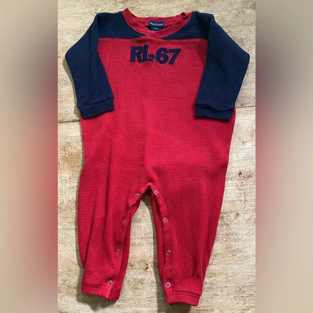 Vintage Ralph Lauren Infant L 12-18 Mo Red/Navy Waffle Weave Knit Logo‎ Bodysuit